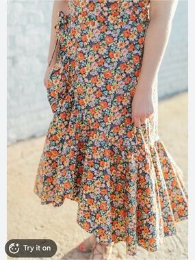 Rebecca Taylor Orange Floral Tie-Waist Midi Dress